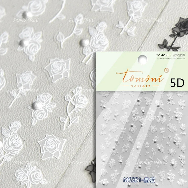 Rose Flower Bouquet Leaves Lace Bowknot Pearl Photo Frame Gird Embossed Reliefs Self Adhesive Nail Art Stickers Manicure Decals (ONLINE ORDER ONLY)