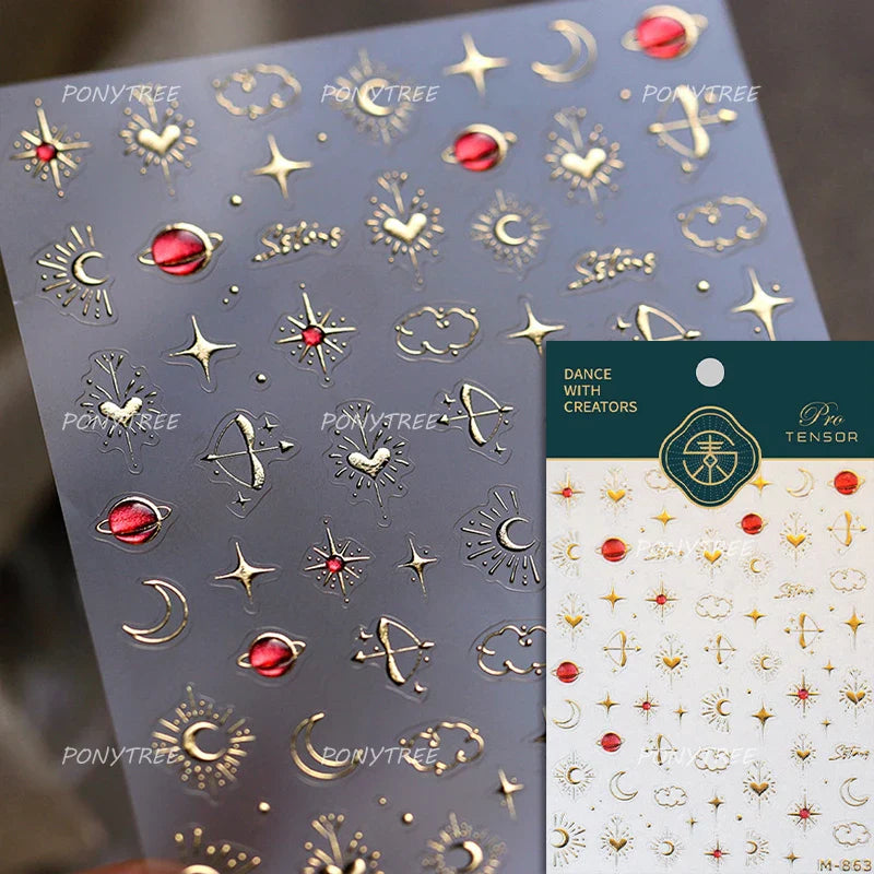 Pink Bowknot Star Moon Starburst Sun Polar Day Polar Night Sword Rose Flower Wreath Adhesive Nail Art Stickers Manicure Decals (ONLINE ORDER ONLY)