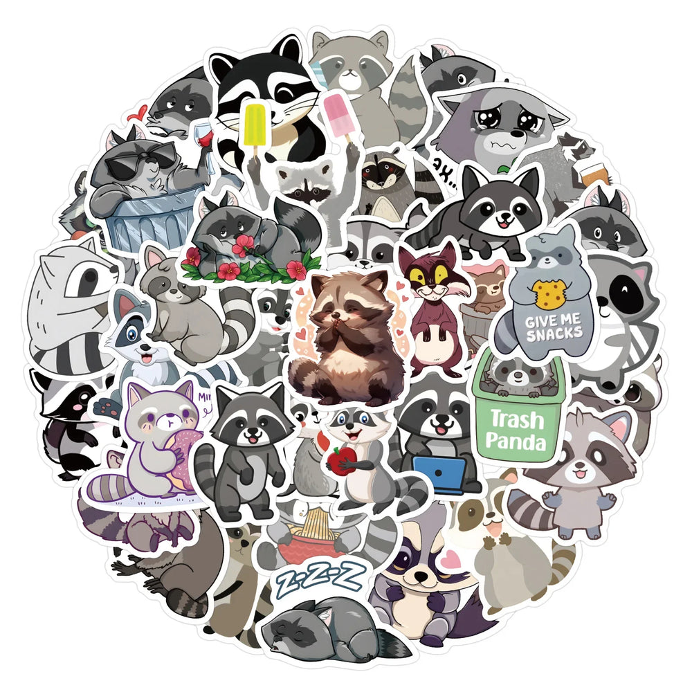 10/30/60PCS Kawaii Raccoon Stickers Cartoon Graffiti Cute Animal Decals DIY Ornament Car Bike Guitar Diary Scrapbook Kids Toy (ONLINE ORDER ONLY)