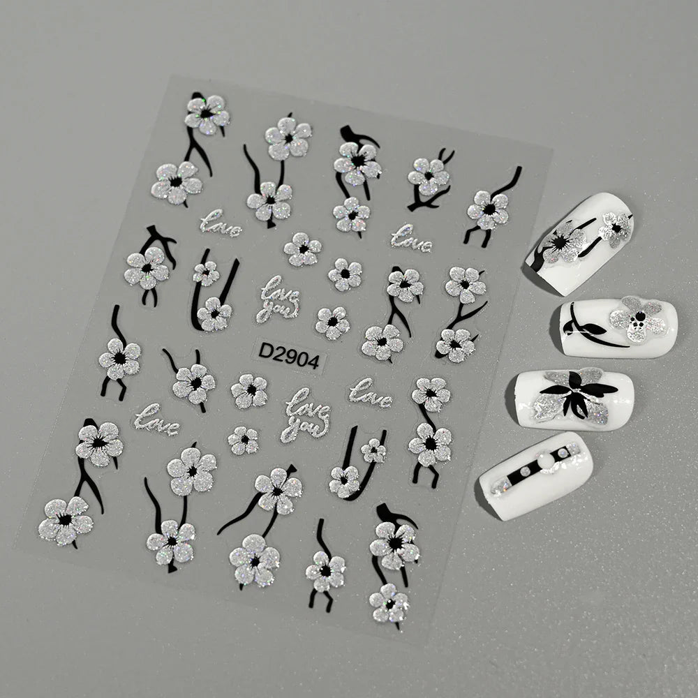 1pcs 5D Floral Nail Art Stickers Acrylic Flowers Decals with Glitter Self-Adhesive Elegant Silver Black Blossoms Theme Nail Art* (ONLINE ORDER ONLY)