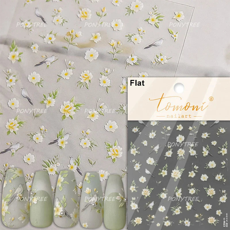 Oil Painting Style Rose Camellia Flower Vase Romantic Candle Holder Bowknot Embossed Adhesive Nail Art Stickers Manicure Decals (ONLINE ORDER ONLY)