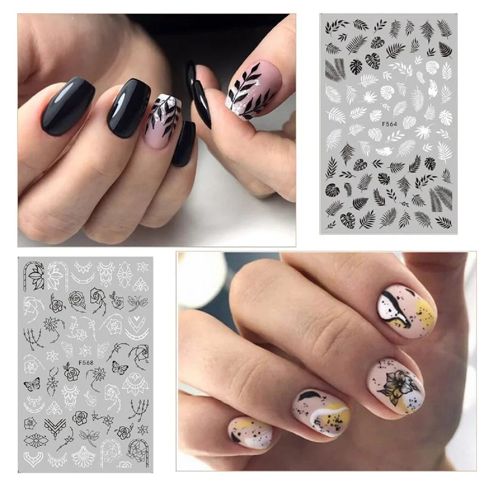 1PC Lace Flower Leaf Nail Sticker Geometric Line Leaf Floral Nail Art Decal Abstract Elegant Black White Pattern Nail Decoration (ONLINE ORDER ONLY)