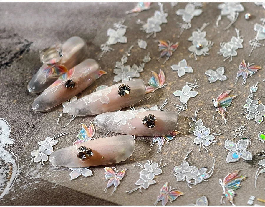 White Flower Colourful Butterfly Pearl Petal Beautiful Garden Charming Plant 5D Self Adhesive Nail Art Stickers Manicure Decals (ONLINE ORDER ONLY)