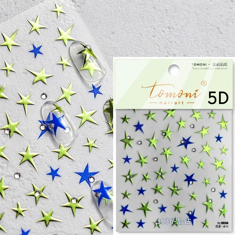 Colorful Rhinestone Laser Star Bronzing Gold Silver Pearl 5D Relief Self Adhesive Nail Art Decoration Sticker 3D Manicure Decals (ONLINE ORDER ONLY)