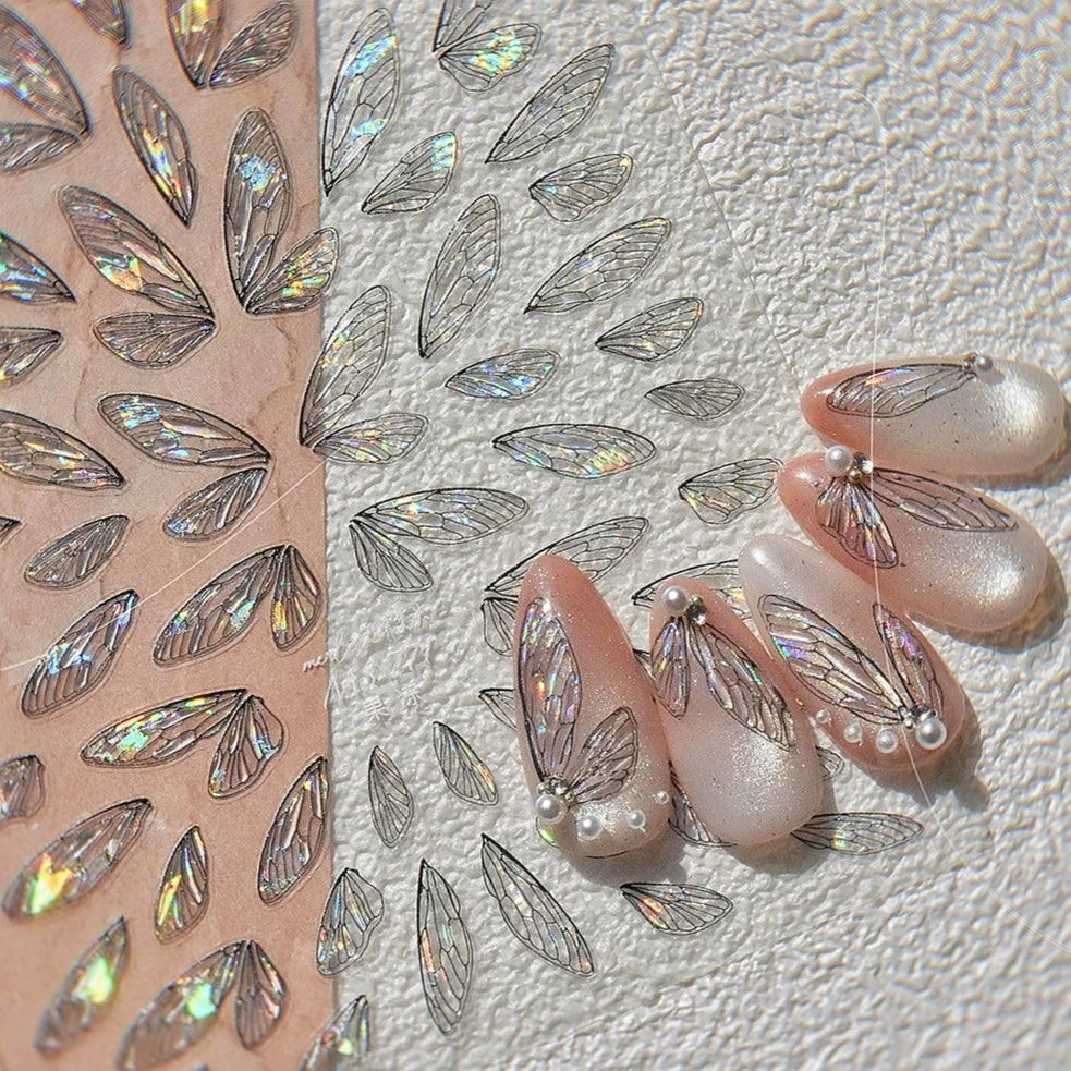 Transparent Purple Pink Gradient Wing Pinion Feather Housefly Wings Shiny Adhesive Nail Art Decoration Stickers Manicure Decals (ONLINE ORDER ONLY)