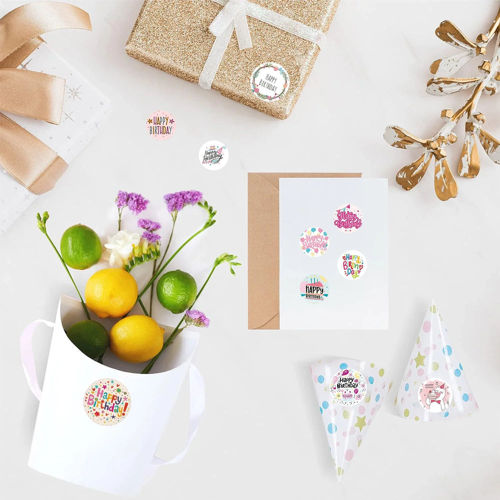 500pcs Round Labels Happy Birthday Sticker Candy Bag Flower Cake Boxes Gift Packaging Wedding Grateful Decorative Seal Stickers (ONLINE ORDER ONLY)