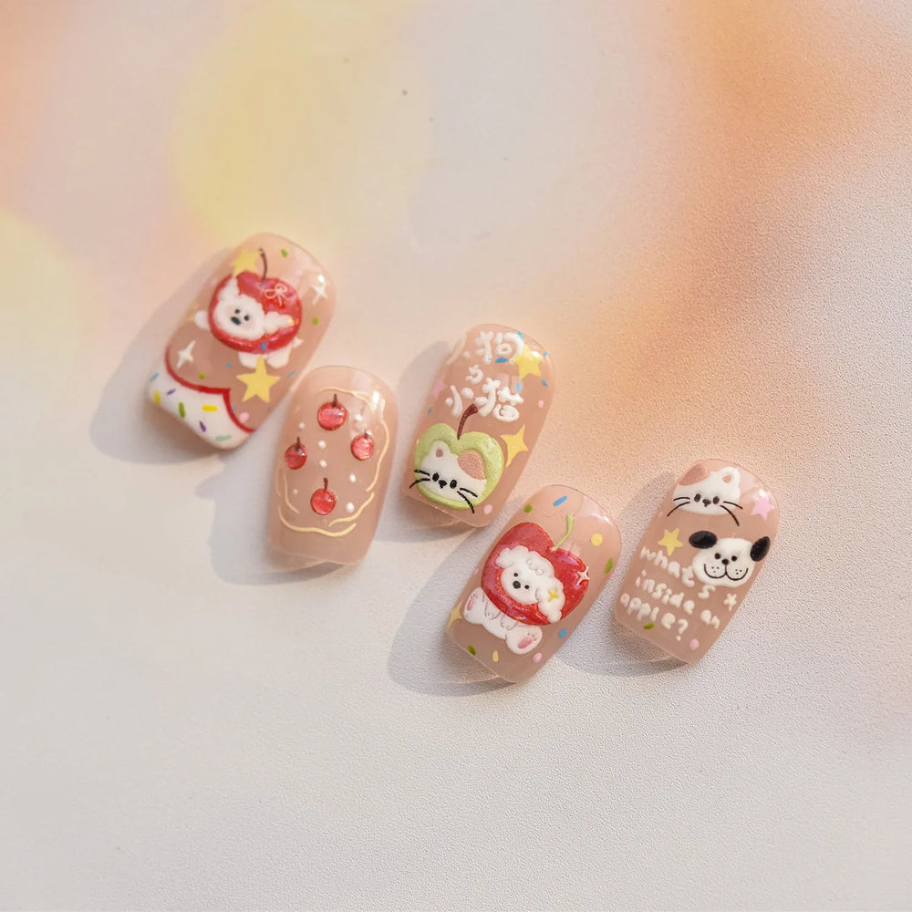 Cute Apple Fruit Dog Puppy Cat Kitten Adhesive Nail Art Sticker Charming Delicate Rhinestone Shiny Manicure Decals Nail Supplies (ONLINE ORDER ONLY)