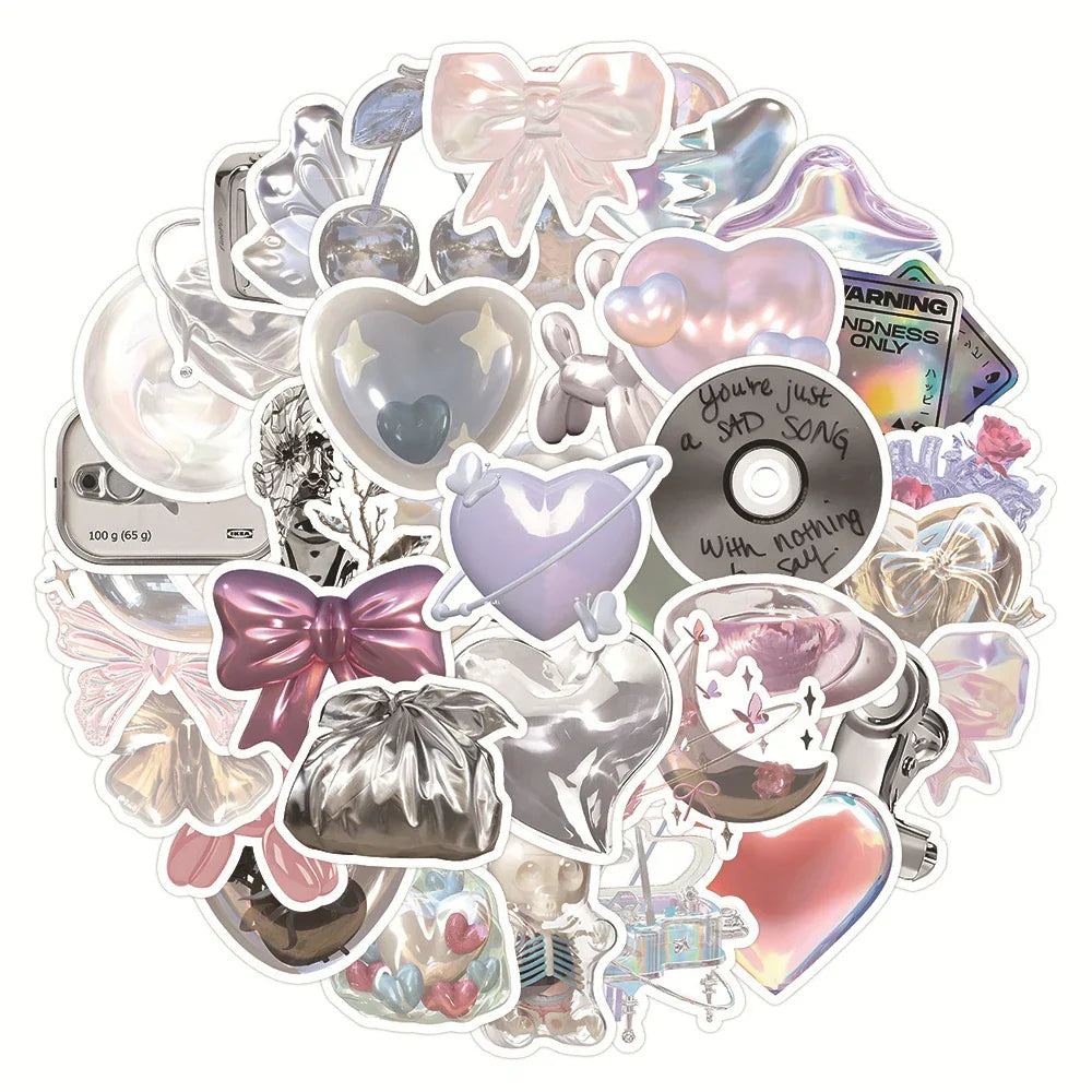 10/30/63pcs Ins Style Shiny Silver Pink Stickers Aesthetic Graffiti Decoration DIY Skateboard Phone Fridge Bike Cute Decals Toys (Online Order Only)