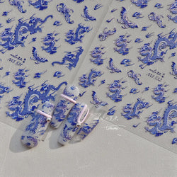 Retro Embroidered Dragon Red Pink Blue White Porcelain Chinese 3D Embossed Relief Self Adhesive Nail Art Stickers Manicure Decal (ONLINE ORDER ONLY)