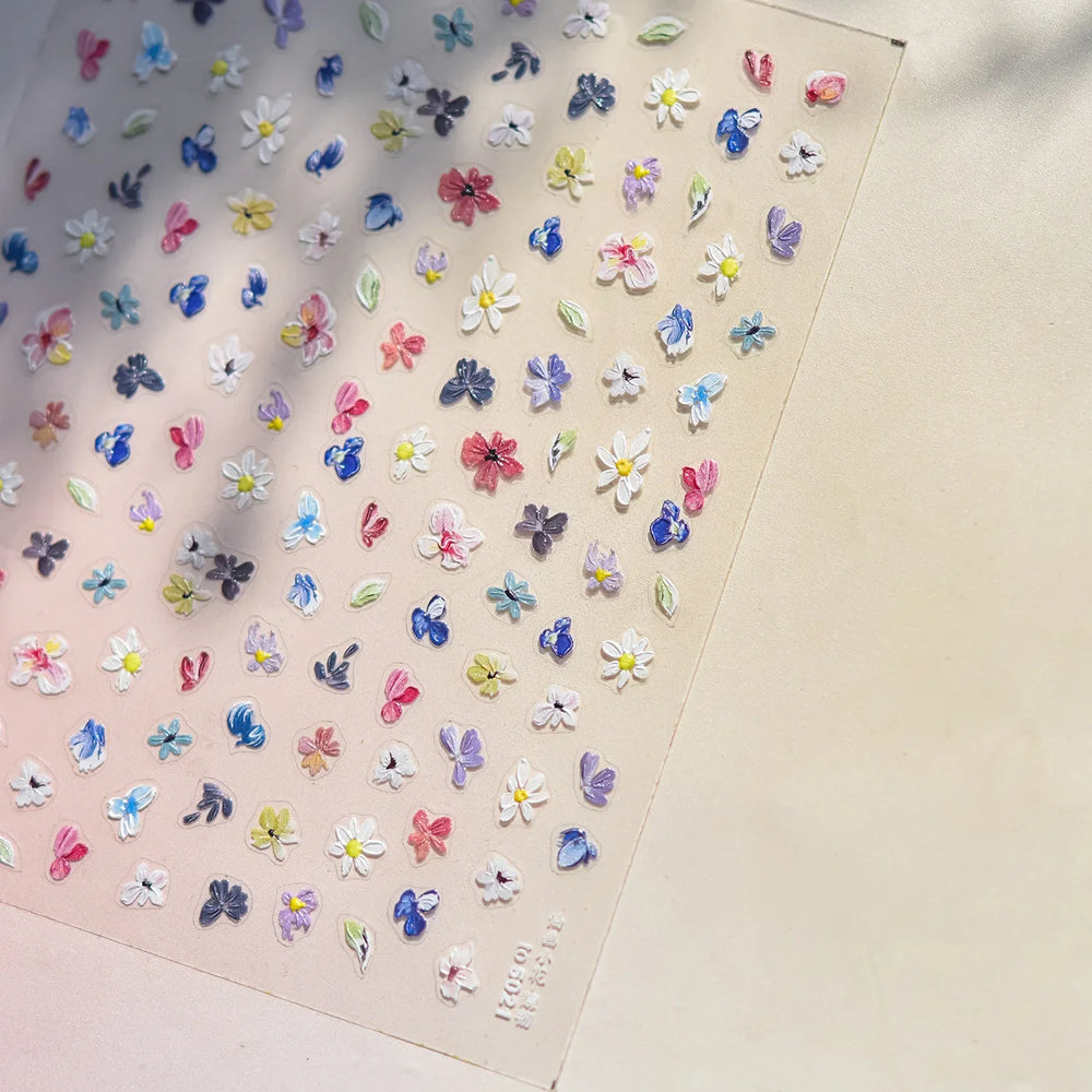 Chic Wild Flower Oil Painting Small Variegated Daisy Peach Blossom Lavender Petal Adhesive Nail Art Stickers Manicure Decals (Online Order Only)