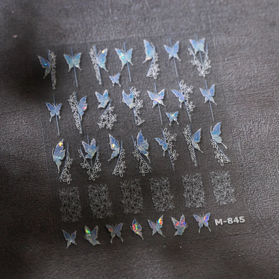 Butterfly Flower Hollow Out Lace Delicate Floral Print Shiny Cloth Block Insect Self Adhesive Nail Art Stickers Manicure Decals (Online Order Only)