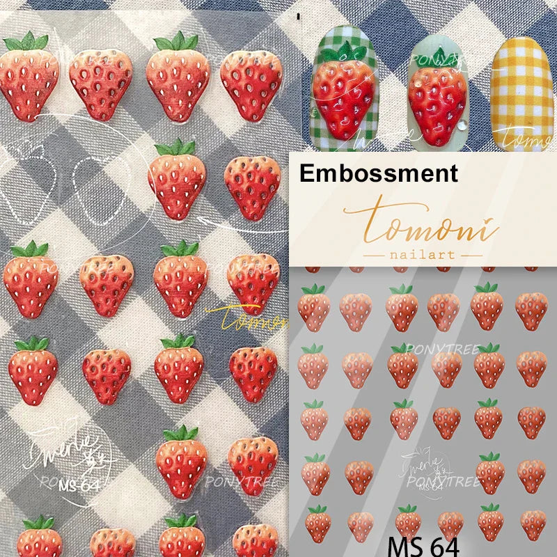 Pink Juicy Strawberry Fruit Cutting Line Ribbon Bowknot Star Happy Sweet Lovely Fruits Delicate Nail Art Stickers Manicure Decal (ONLINE ORDER ONLY)