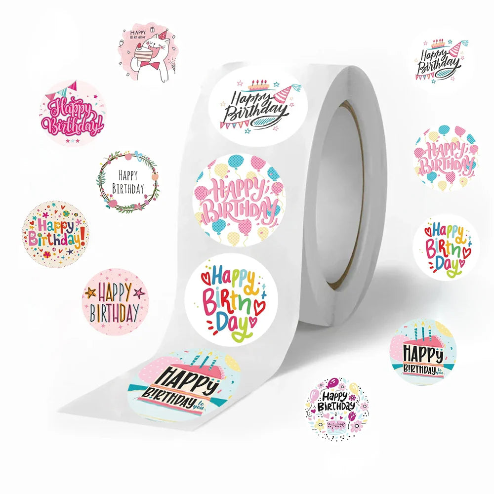 500pcs Round Labels Happy Birthday Sticker Candy Bag Flower Cake Boxes Gift Packaging Wedding Grateful Decorative Seal Stickers (ONLINE ORDER ONLY)