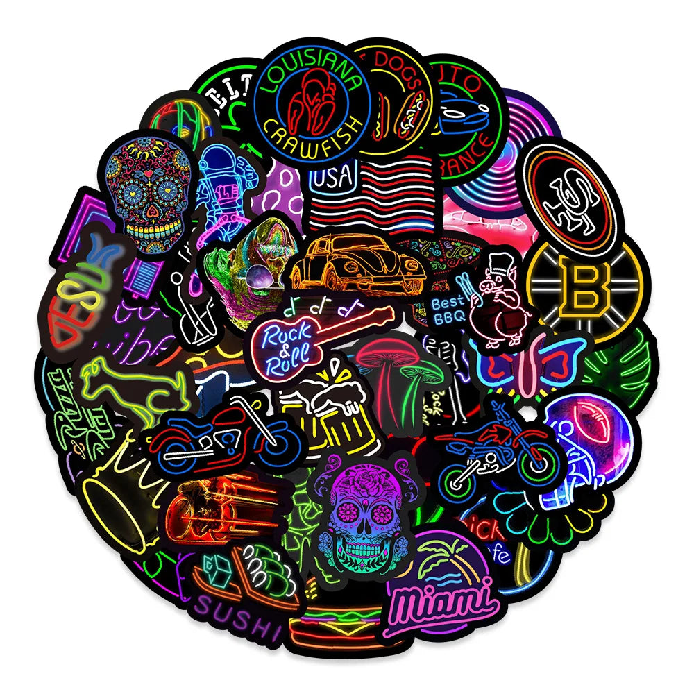 10/30/50PCS Popular Cool Neon Light Sticker Pack Skateboard Guitar Decoration DIY Laptop New Waterproof Graffiti Decal Wholesale (ONLINE ORDER ONLY)