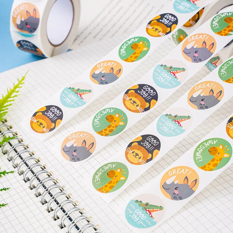 100-500Pcs new 1inch Animal Good Job Cool Stickers Roll for Envelope Praise Reward Student Work Stationery Seal Lable child gift (ONLINE ORDER ONLY)
