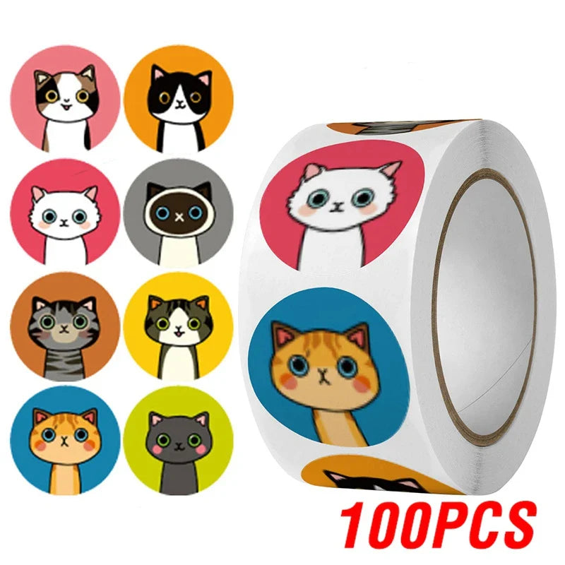 100-500pcs Cute Cat Stickers Animal Cartoon Label Gifts Decoration School Reward Encourage Student Stationery Thank You Stickers (ONLINE ORDER ONLY)