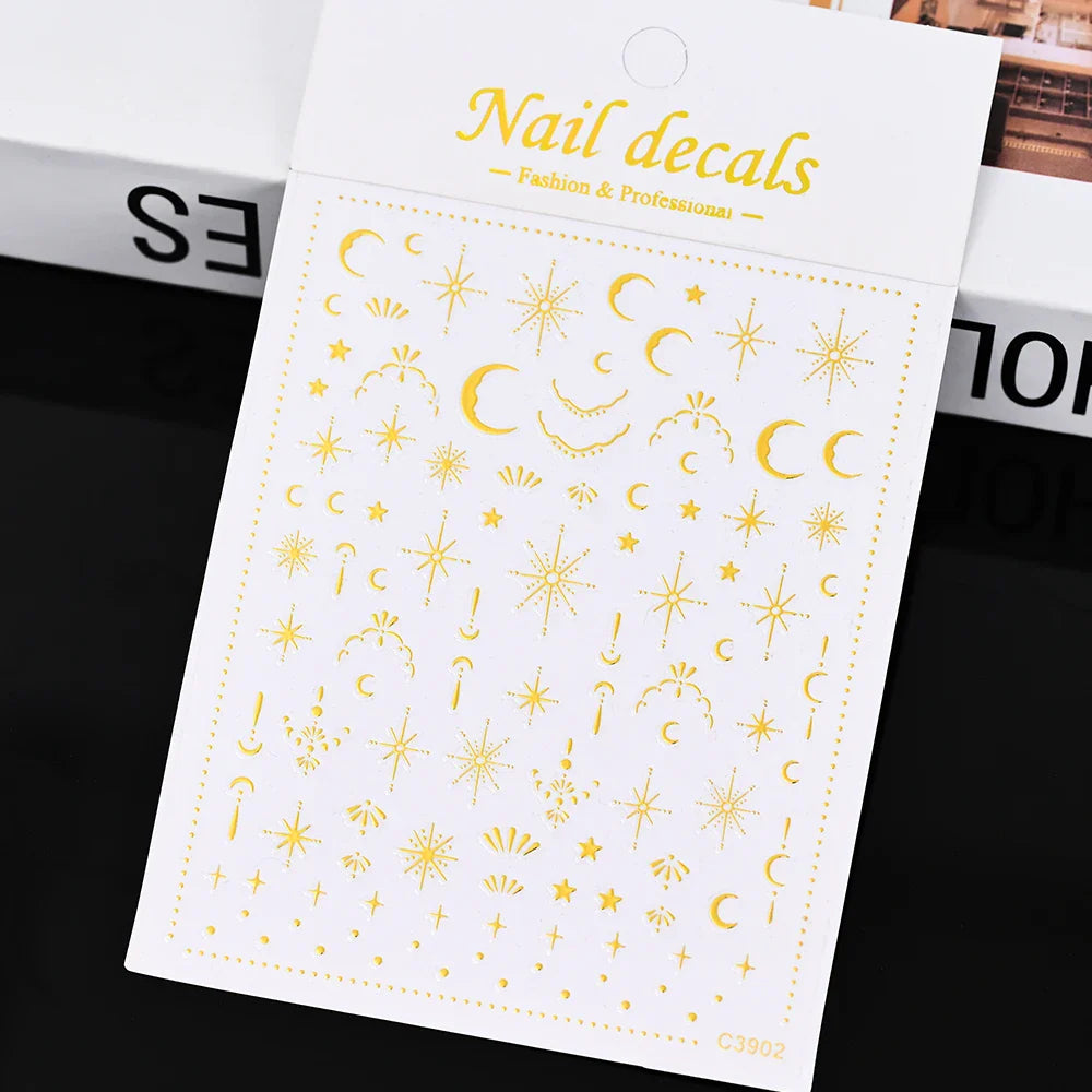 Gold Silver Wing Nail Art Stickers 3D Metal Chain Heart Love Sun Moon Star Gel Polish Adhesive Manicure Slider Decor Accessories (ONLINE ORDER ONLY)