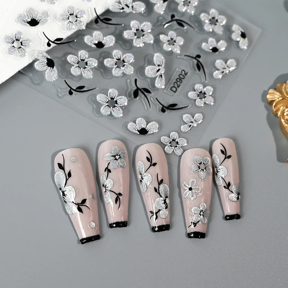 1pcs 5D Floral Nail Art Stickers Acrylic Flowers Decals with Glitter Self-Adhesive Elegant Silver Black Blossoms Theme Nail Art* (ONLINE ORDER ONLY)