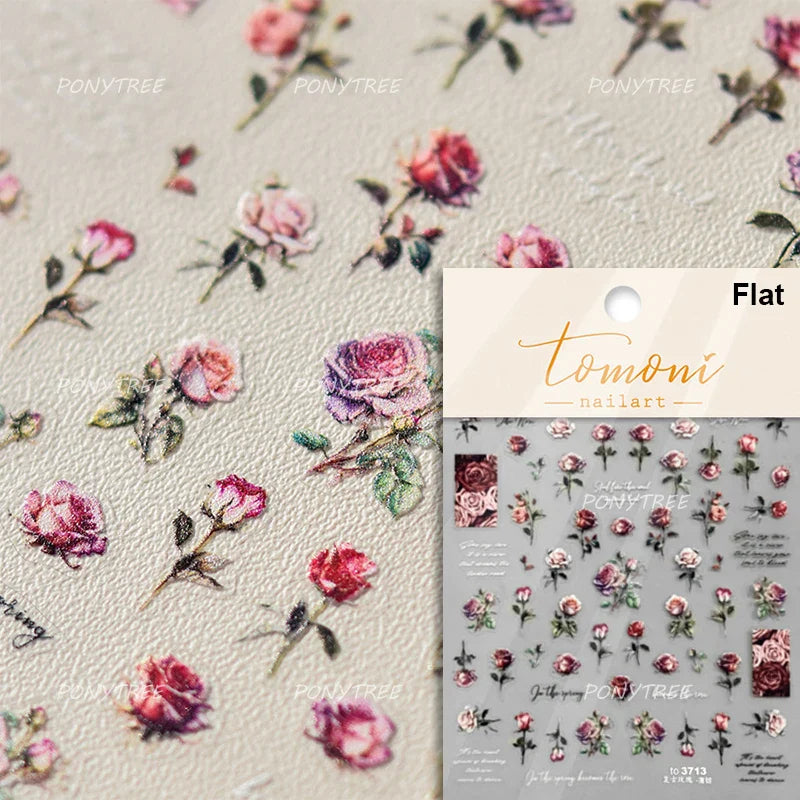 Watercolor Style Colourful Rose Flower Embossment Romantic Garden 5D Self Adhesive Nail Art Decoration Stickers Manicure Decals (ONLINE ORDER ONLY)