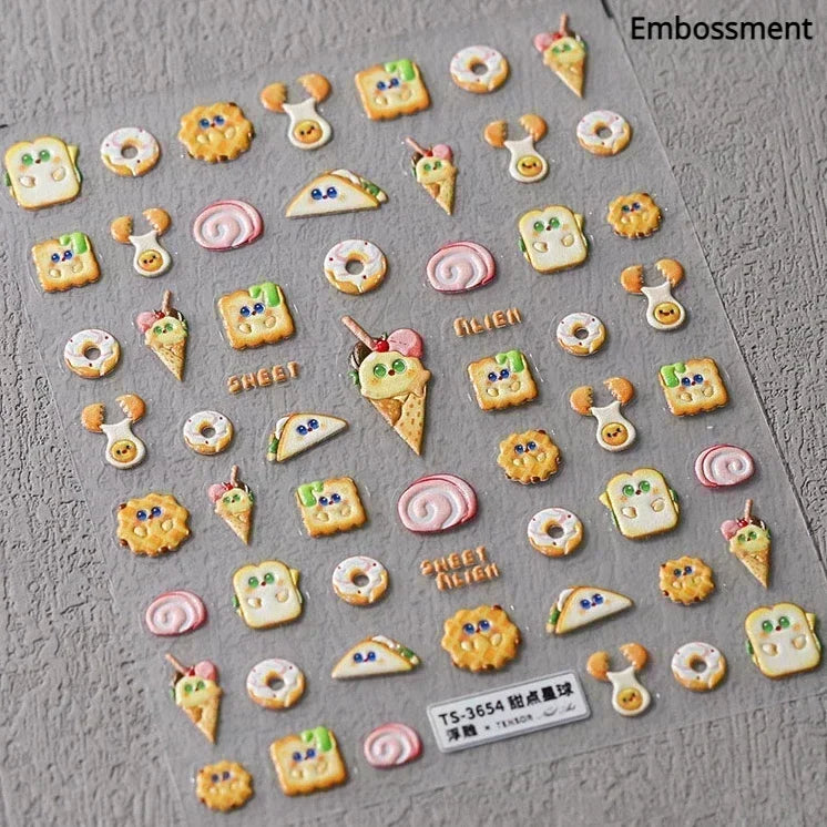 Colorful Food Pudding Alkali Water Bowknot Cream Fork Cup Bread Jelly Fruit Cartoon Cake Relief Nail Art Sticker Manicure Decals (ONLINE ORDER ONLY)
