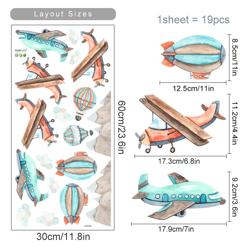 Cartoon Planes Hot Air Balloons Clouds Wall Stickers Nursery Decor (Online Order Only)