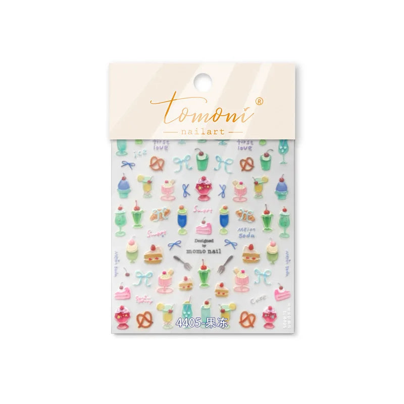 Colorful Food Pudding Alkali Water Bowknot Cream Fork Cup Bread Jelly Fruit Cartoon Cake Relief Nail Art Sticker Manicure Decals (ONLINE ORDER ONLY)