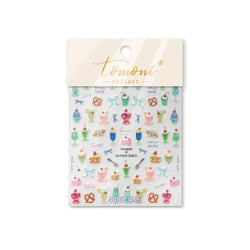 Colorful Food Pudding Alkali Water Bowknot Cream Fork Cup Bread Jelly Fruit Cartoon Cake Relief Nail Art Sticker Manicure Decals (ONLINE ORDER ONLY)