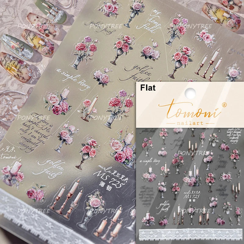 Delicate Shiny Pink Flower Blue Hairpin with Flower Decoration Self Adhesive Nail Art Stickers Pearl Rhinestone Manicure Decals (Online Order Only)