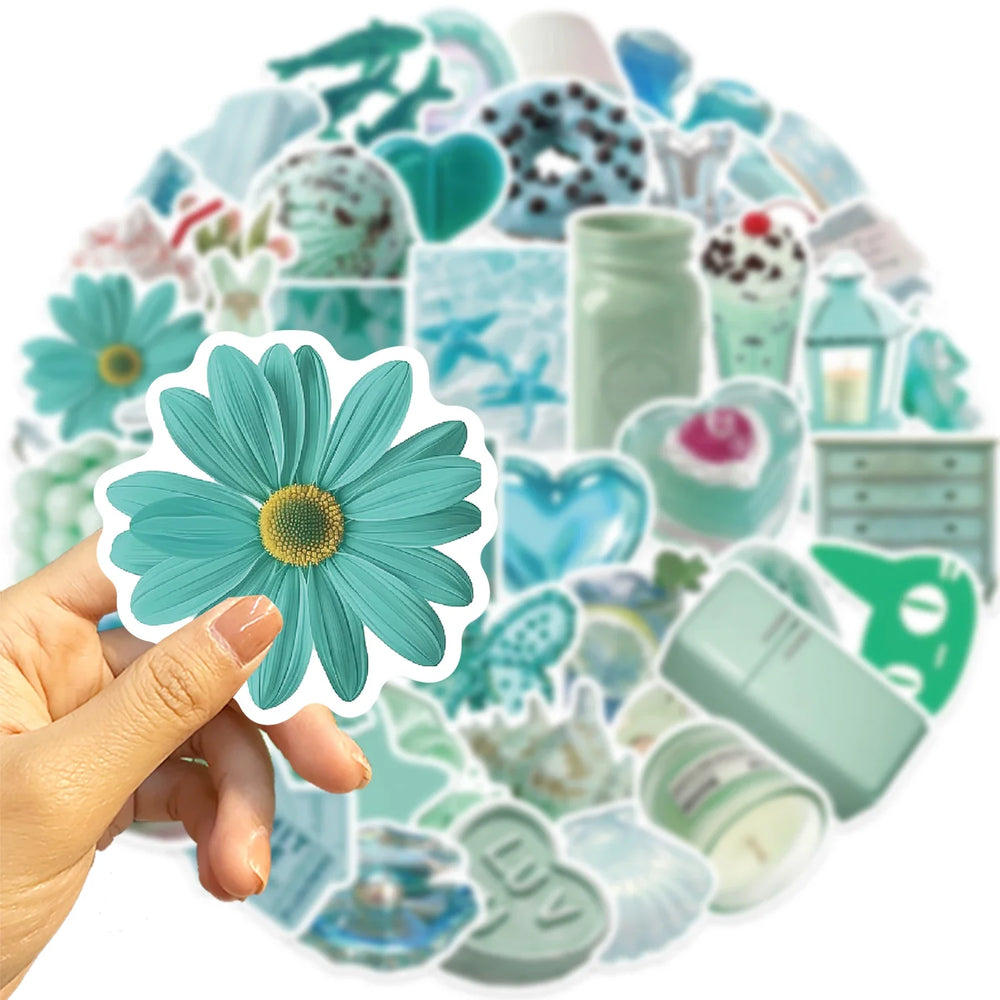 50pcs Ins Style Mint Green Stickers Aesthetic Summer Cartoon Decals Decoration DIY Waterproof Skateboard Laptop Phone Toys (Online Order Only)