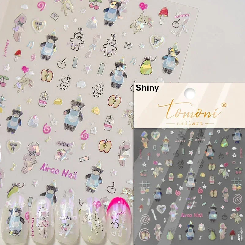 Colorful Food Pudding Alkali Water Bowknot Cream Fork Cup Bread Jelly Fruit Cartoon Cake Relief Nail Art Sticker Manicure Decals (ONLINE ORDER ONLY)