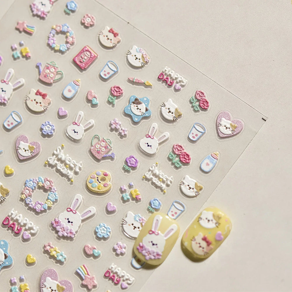 Cream Wind Cat Rabbit Kitten Bunny Bowknot Flower Butterfly Cake Cherry Tulip 5D Self Adhesive Nail Art Stickers Manicure Decals (Online Order Only)