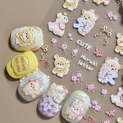Spring Dog Bear Toy Rose Flower Floral Print Letter Bone Butterfly Cat Puppy Relief Adhesive Nail Art Stickers Manicure Decals (Online Order Only)