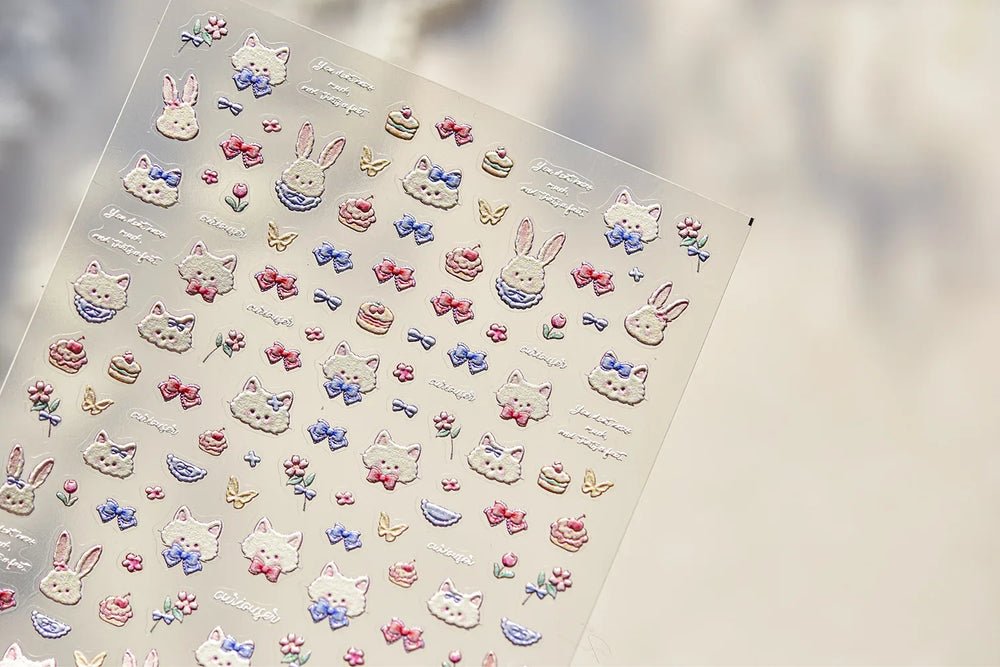 Cream Wind Cat Rabbit Kitten Bunny Bowknot Flower Butterfly Cake Cherry Tulip 5D Self Adhesive Nail Art Stickers Manicure Decals (Online Order Only)