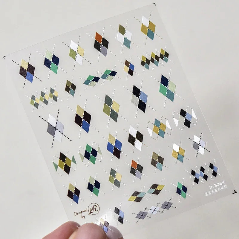 French Style Geometric Black White Square Grid Rhombus Stripe 3D Self Adhesive Nail Art Stickers Shiny Rhinestone Manicure Decal (ONLINE ORDER ONLY)