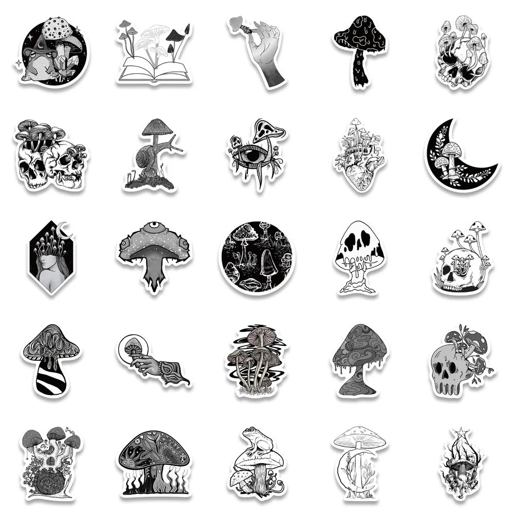 10/50pcs Funny Anime Psychedelic Mushroom Sticker Cute Black and White Magic Plant Stickers Phone Laptop Stickers Decals (ONLINE ORDER ONLY)