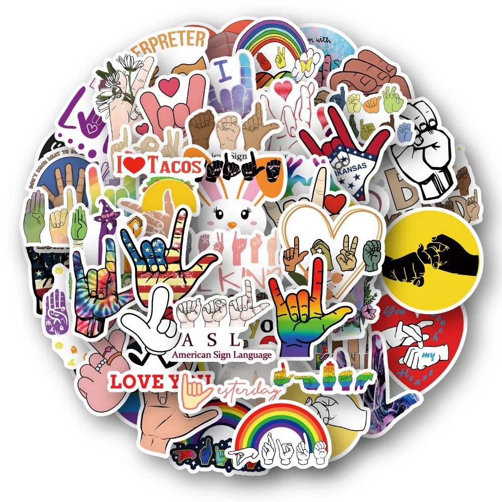 10/30/50PCS American Sign Language Finger Love Stickers Toys For Kid DIY Wateproof Suitcase Skateboard Phone Cute Cartoon Decals (ONLINE ORDER ONLY)