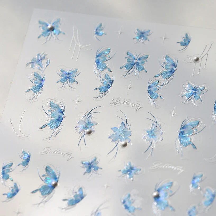 Chic Butterfly Flower Lily Lilium Narcissus Line Beautiful Blue Pearl Self Adhesive Nail Art Stickers Decorations Manicure Decal (Online Order Only)