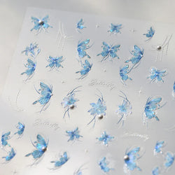 Chic Butterfly Flower Lily Lilium Narcissus Line Beautiful Blue Pearl Self Adhesive Nail Art Stickers Decorations Manicure Decal (Online Order Only)