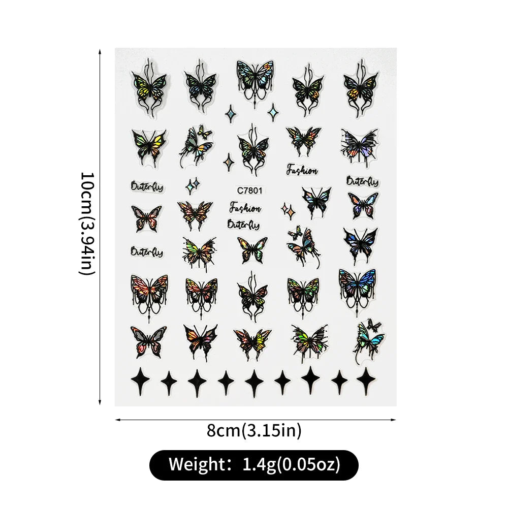 1pcs Butterfly Floral Nail Art Stickers Magic Shell Light Laser Black/White Nail Decoration Butterfly Slider Manicure Ornaments* (Online Order Only)