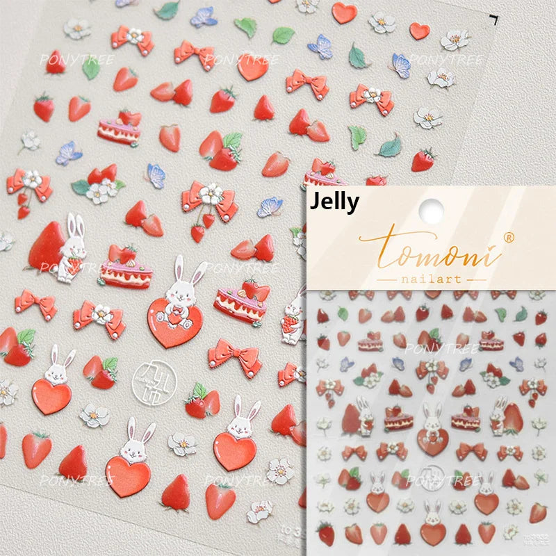 Pink Juicy Strawberry Fruit Cutting Line Ribbon Bowknot Star Happy Sweet Lovely Fruits Delicate Nail Art Stickers Manicure Decal (ONLINE ORDER ONLY)