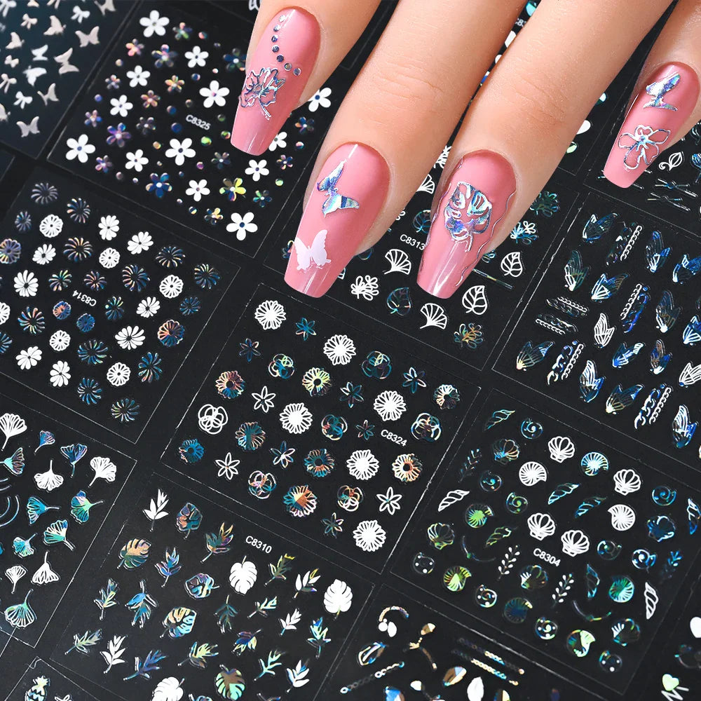 30Pcs Laser Silver/White Flowers Hearts Nail Sticker Star/Moon Mixed Shapes Design Self-adhesive Sticker Acrylic Manicure Access (Online Order Only)