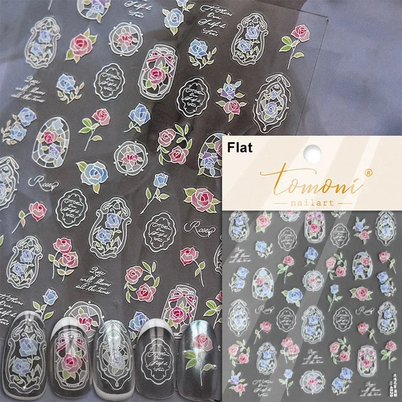 Pale Flower Bouquet Label Bowknot Stationery Sunflower Daisy Leaf 3D Self Adhesive Nail Art Stickers Rhinestone Manicure Decals (Online Order Only)