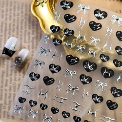 Black Silver Bowknot Love Heart Lace Irregular Line Lava Chic Self Adhesive Nail Art Stickers Embossed Reliefs Manicure Decals (Online Order Only)