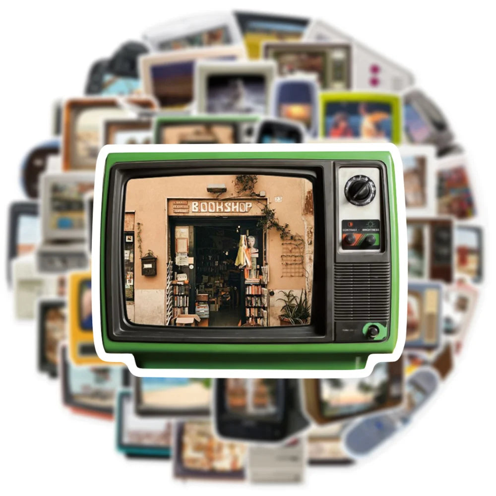 10/50Pcs Vintage TV and Computer Stickers Cartoon Graffiti Stickers Laptop Luggage Scrapbook Diary Phone Guitar Sticker Kid Toy (Online Order Only)