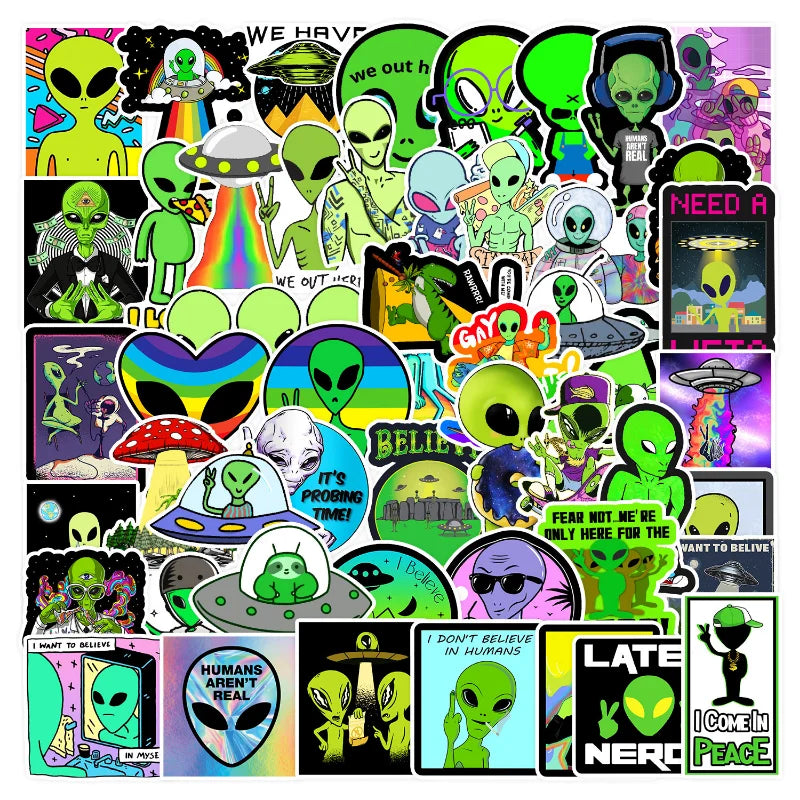 Cartoon Alien ET Stickers for Luggage, Water Bottle, Phone, Laptop, Guitar, Scrapbook, Helmet, Car, Wall Decal - 10/25/50pcs (ONLINE ORDER ONLY)