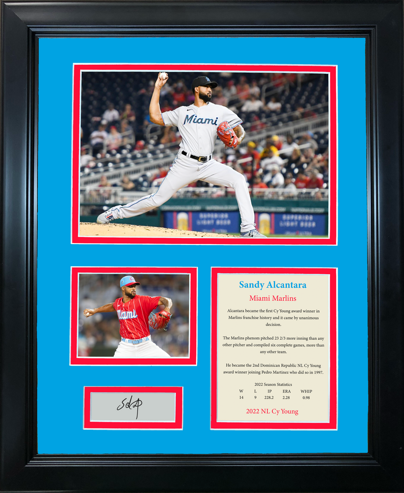Framed Sandy Alcantara NL Cy Young 2022 Facsimile Laser Engraved Signature Auto Miami Marlins Baseball 11"x14"Photo Sig Collage (ONLINE ORDER ONLY)