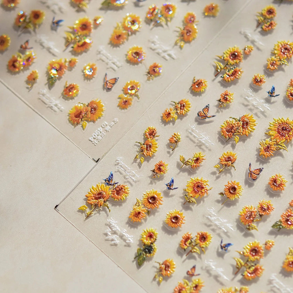 Embossed Shiny Vigor Sunflower Turnsole Vitality Butterfly Daisy Oil Painting Plant 5D Adhesive Nail Art Sticker Manicure Decals (ONLINE ORDER ONLY)