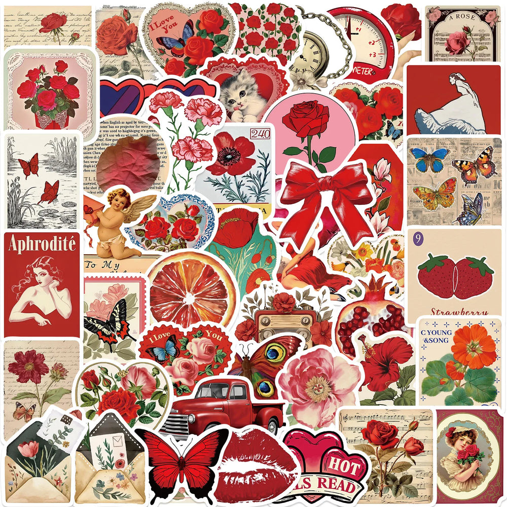 50PCS Aesthetic Red Stickers Fashion DIY Flower Rose Stickers Scrapbooking Phone Luggage Skateboard Waterproof Decals (ONLINE ORDER ONLY)