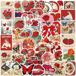 50PCS Aesthetic Red Stickers Fashion DIY Flower Rose Stickers Scrapbooking Phone Luggage Skateboard Waterproof Decals (ONLINE ORDER ONLY)