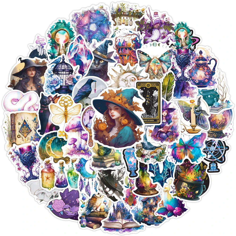 10/30/50pcs Cool Gothic Magic Witch Aesthetic Stickers Horror Goth Decorative Graffiti Luggage Car Wall Sticker Decals Kid Toy (ONLINE ORDER ONLY)